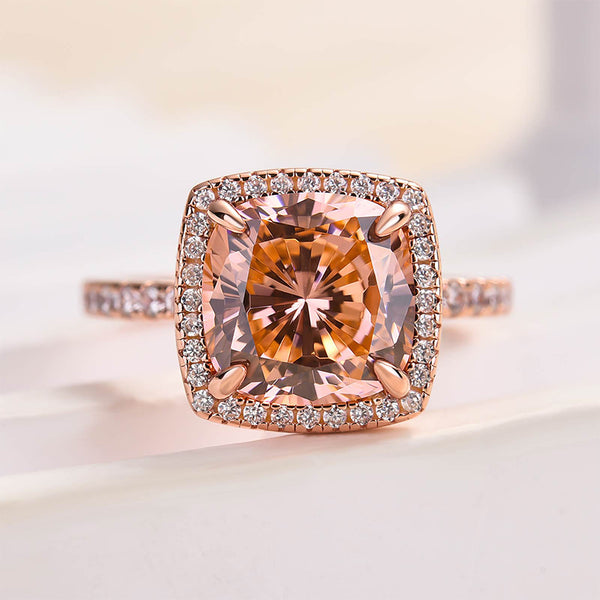 Louily Rose Gold Cushion Cut Synthetic Morganite Halo Engagement Ring