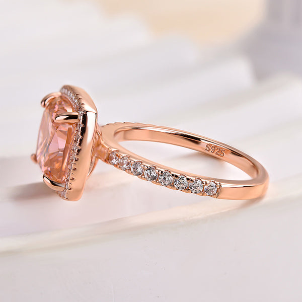 Louily Rose Gold Cushion Cut Synthetic Morganite Halo Engagement Ring