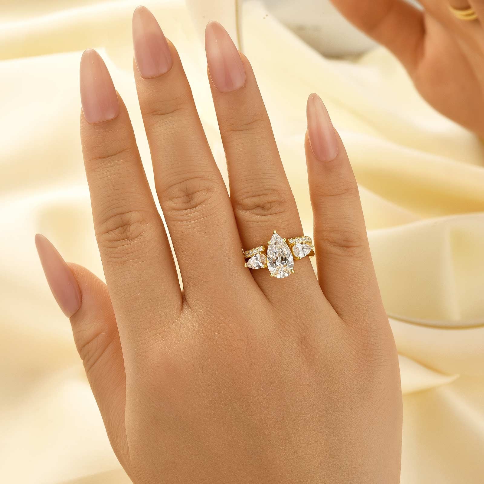 2PC Yellow Gold Pear Cut Solitaire Engagement Ring Open Design Wedding Ring Set In Sterling Silver