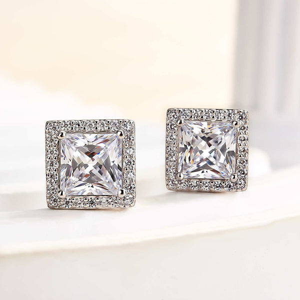 Louily Fashion Halo Princess Cut Stud Earrings In Sterling Silver