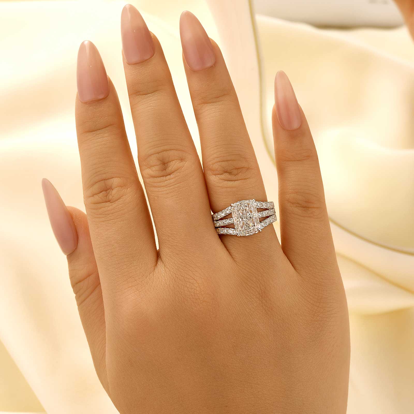 2PC 3.5Ct Radiant Cut Engagement Ring With Enhancer Wedding Band In Sterling Silver