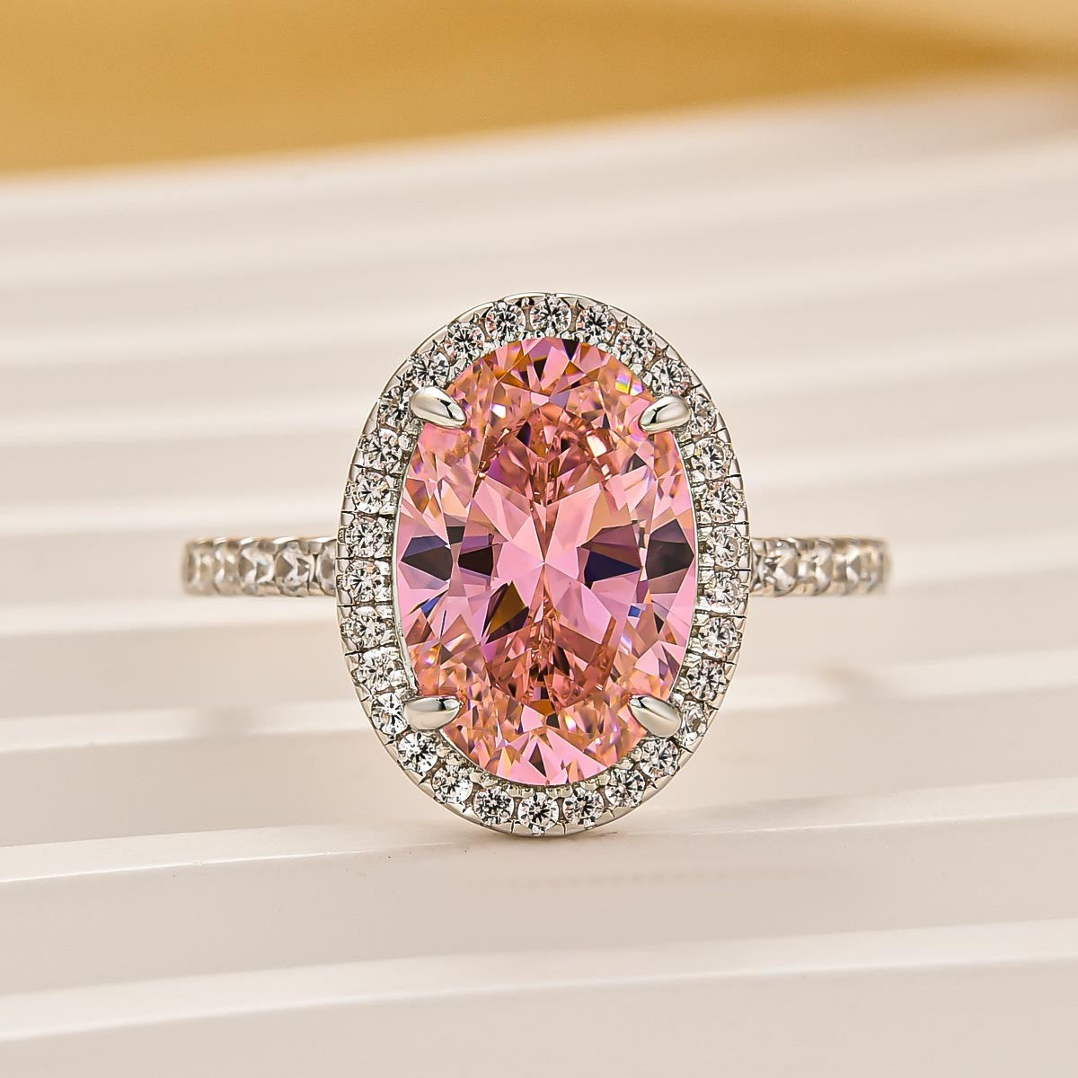 4.0Ct Halo Oval Cut Pink Engagement Ring For Women In Sterling Silver