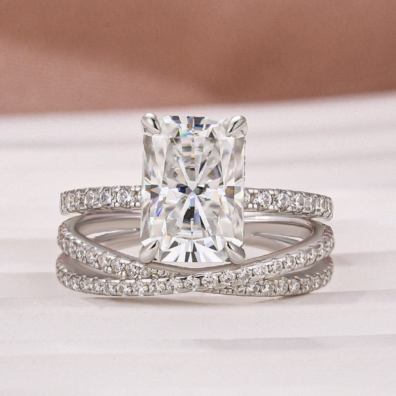 3.5Ct Radiant Cut White Gold Moissanite Diamond Wedding Ring with Criss Cross Band - louilyjewelry