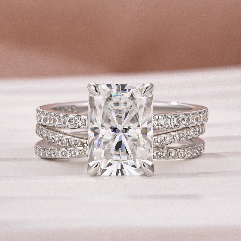 3.5Ct Radiant Cut White Gold Moissanite Diamond Wedding Ring with Criss Cross Band - louilyjewelry