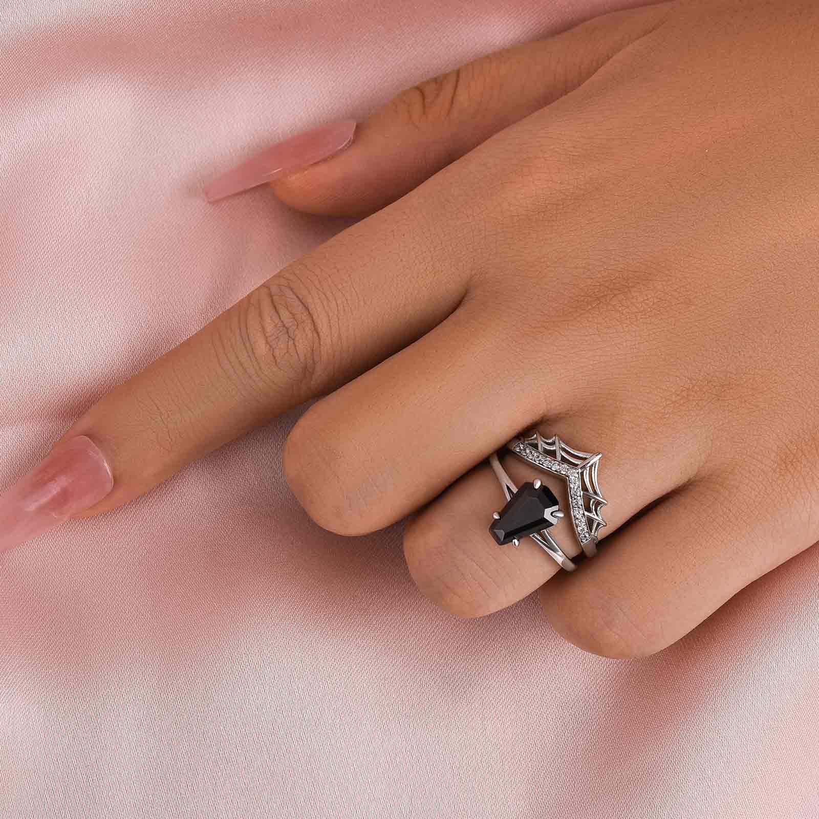 Louily Unique Split Shank Spider Design Coffin Cut Wedding Ring Set - louilyjewelry