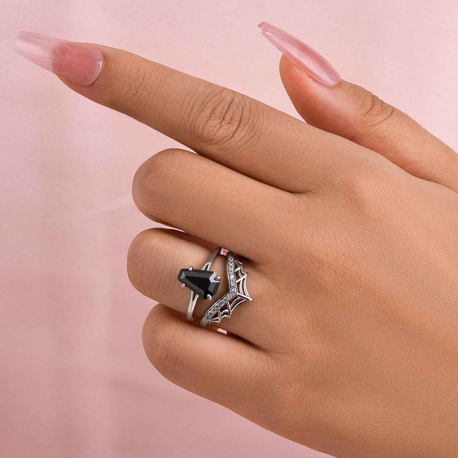 Louily Unique Split Shank Spider Design Coffin Cut Wedding Ring Set - louilyjewelry