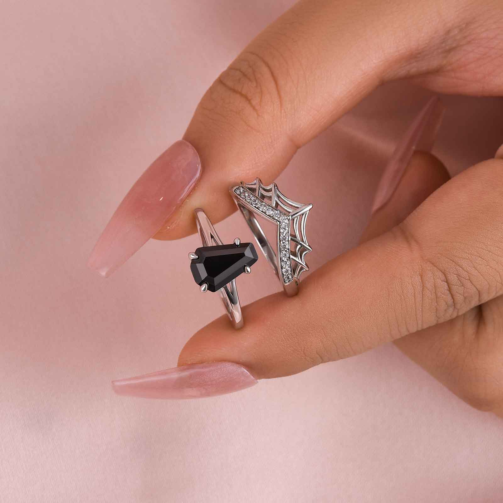Louily Unique Split Shank Spider Design Coffin Cut Wedding Ring Set - louilyjewelry