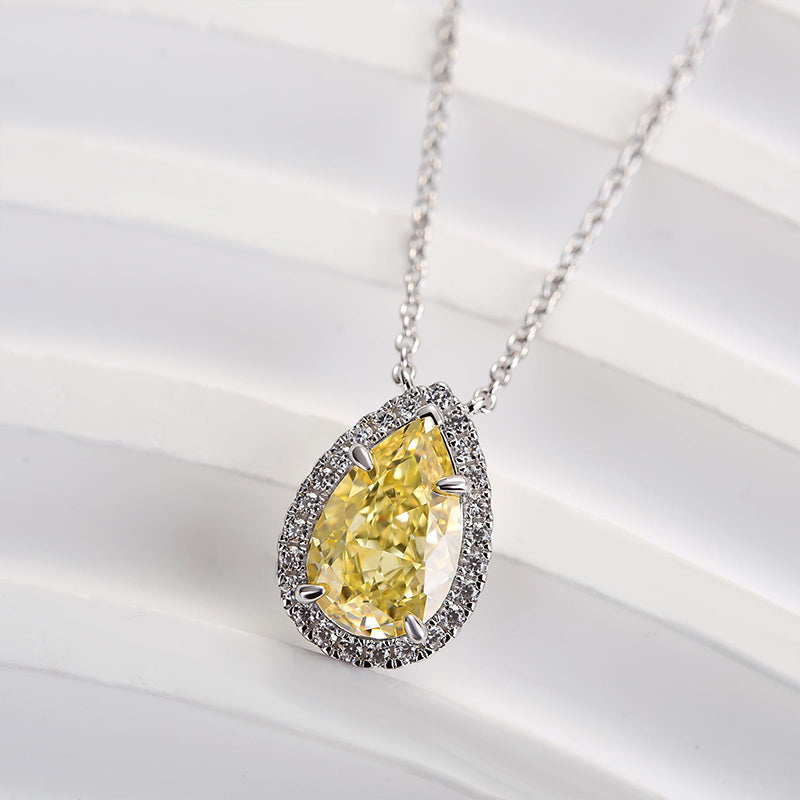 Louily Exquisite Halo Pear Cut Yellow Sapphire Pendant with Necklace In Sterling Silver - louilyjewelry