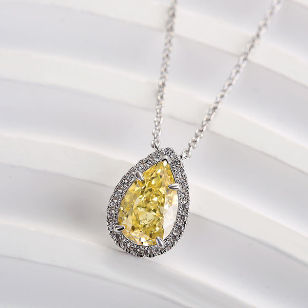 Louily Exquisite Halo Pear Cut Yellow Sapphire Pendant with Necklace In Sterling Silver