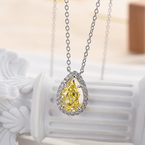 Louily Exquisite Halo Pear Cut Yellow Sapphire Pendant with Necklace In Sterling Silver