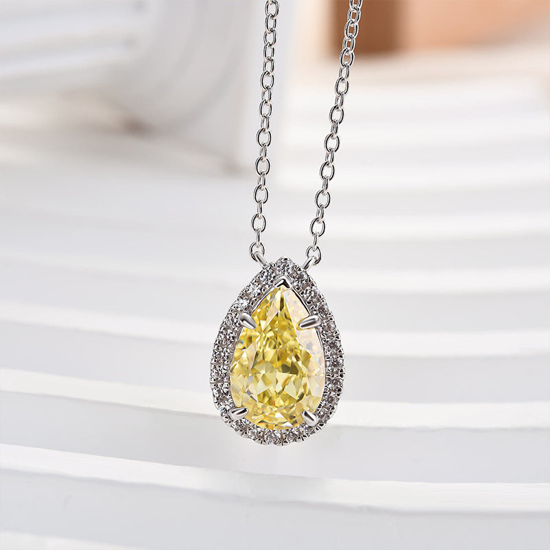 Louily Exquisite Halo Pear Cut Yellow Sapphire Pendant with Necklace In Sterling Silver - louilyjewelry