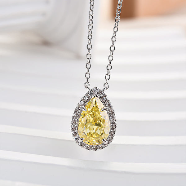 Louily Exquisite Halo Pear Cut Yellow Sapphire Pendant with Necklace In Sterling Silver