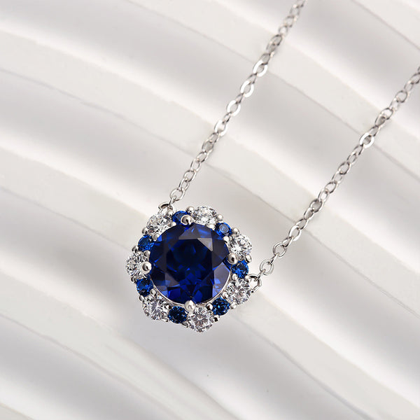 Louily Vintage Halo Round Cut Blue Sapphire Women's Pendant Necklace In Sterling Silver