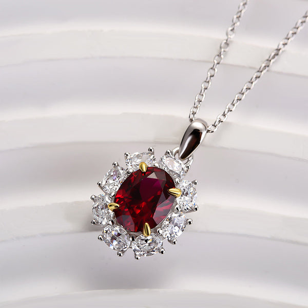 Louily Luxuriant 1.8 Carat Ruby Oval Cut Halo Pendant with Necklace In Sterling Silver