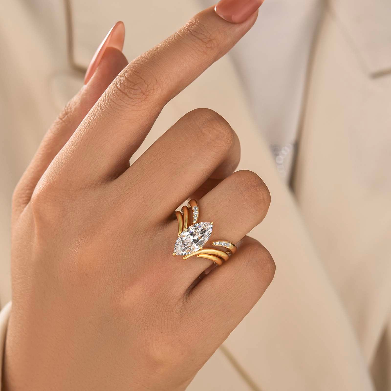S925 3PC Unique 3.0Ct Marquise Cut Engagement Ring with Open V-Shaped Pave Round Cut Accent Stones Wedding Band