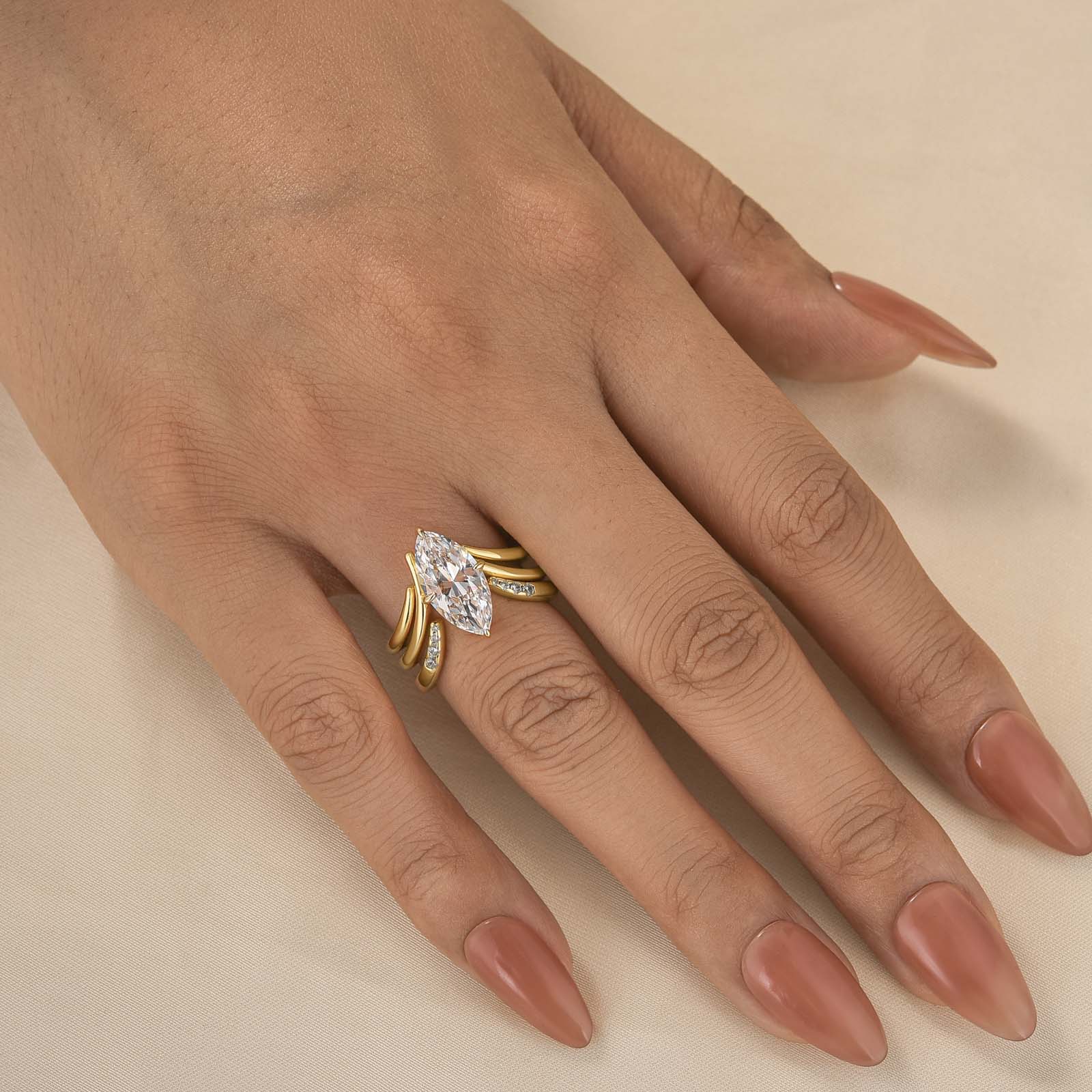 S925 3PC Unique 3.0Ct Marquise Cut Engagement Ring with Open V-Shaped Pave Round Cut Accent Stones Wedding Band