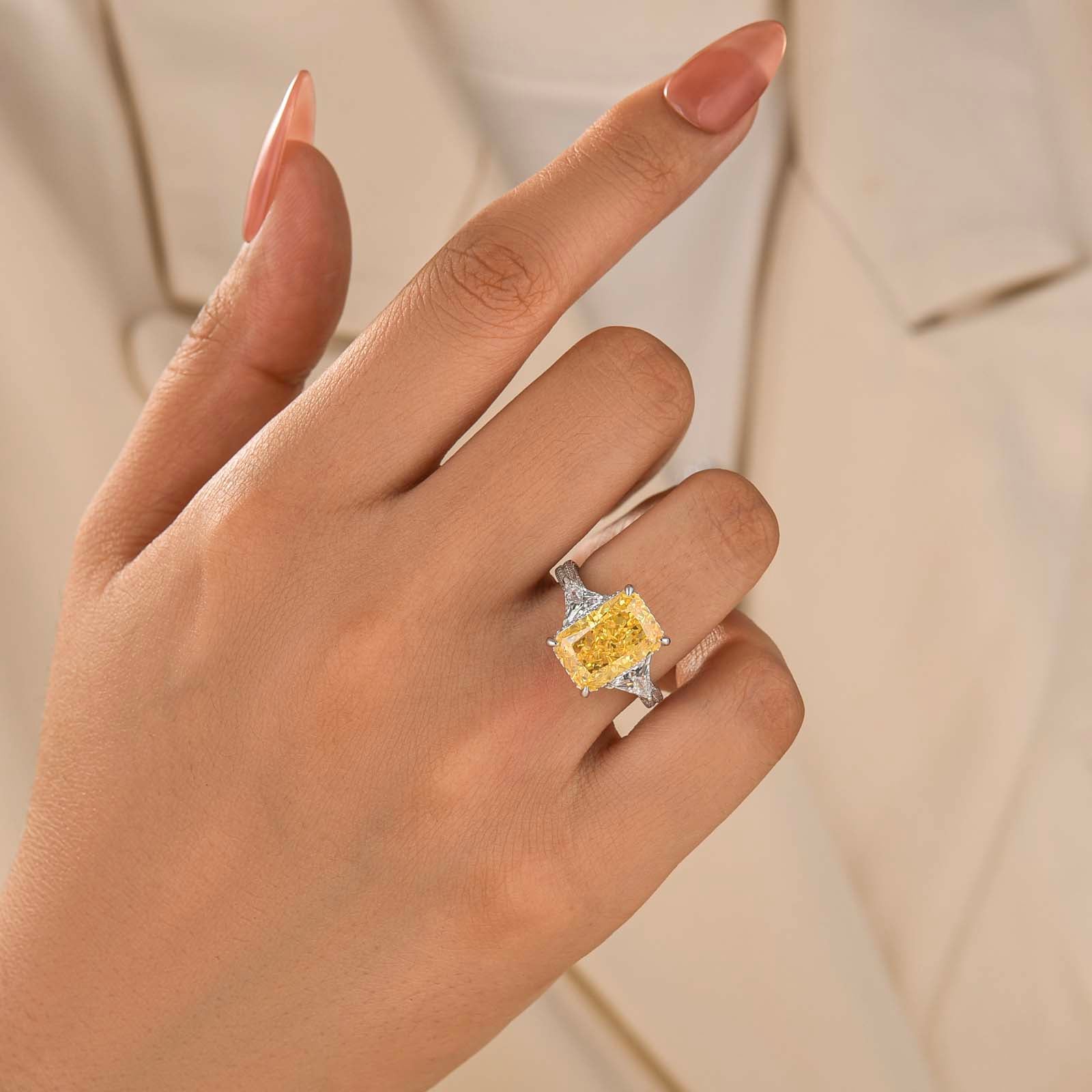 S925 5.0Ct Radiant Cut Three Stone Yellow Stone Hidden Halo Engagement Ring