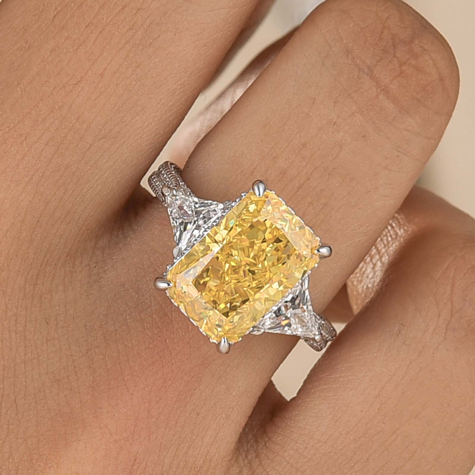 S925 5.0Ct Radiant Cut Three Stone Yellow Stone Hidden Halo Engagement Ring