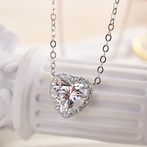 Louily Elegant Halo Heart Cut Necklace For Women In Sterling Silver