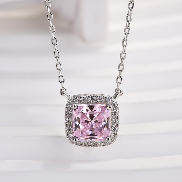 Louily 1.5 Carat Cushion Cut Pink Halo Pendant with Necklace In Sterling Silver