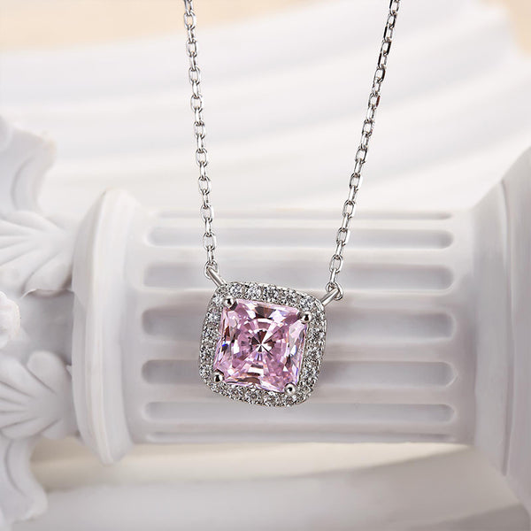 Louily 1.5 Carat Cushion Cut Pink Halo Pendant with Necklace In Sterling Silver