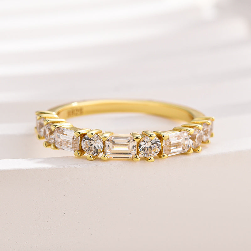 Louily Fashion Yellow Gold Half Emerald & Round Cut Diamond Wedding Band In Sterling Silver - louilyjewelry