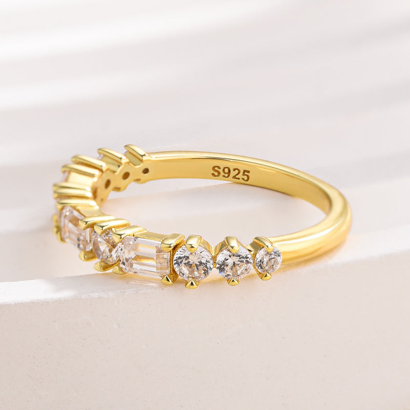 Louily Fashion Yellow Gold Half Emerald & Round Cut Diamond Wedding Band In Sterling Silver - louilyjewelry