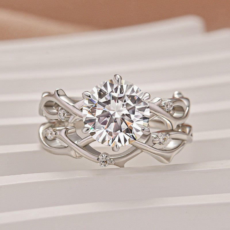 Moissanite 2.0 Ct Twig 6 Prong Round Cut Twist White Gold Wedding Set