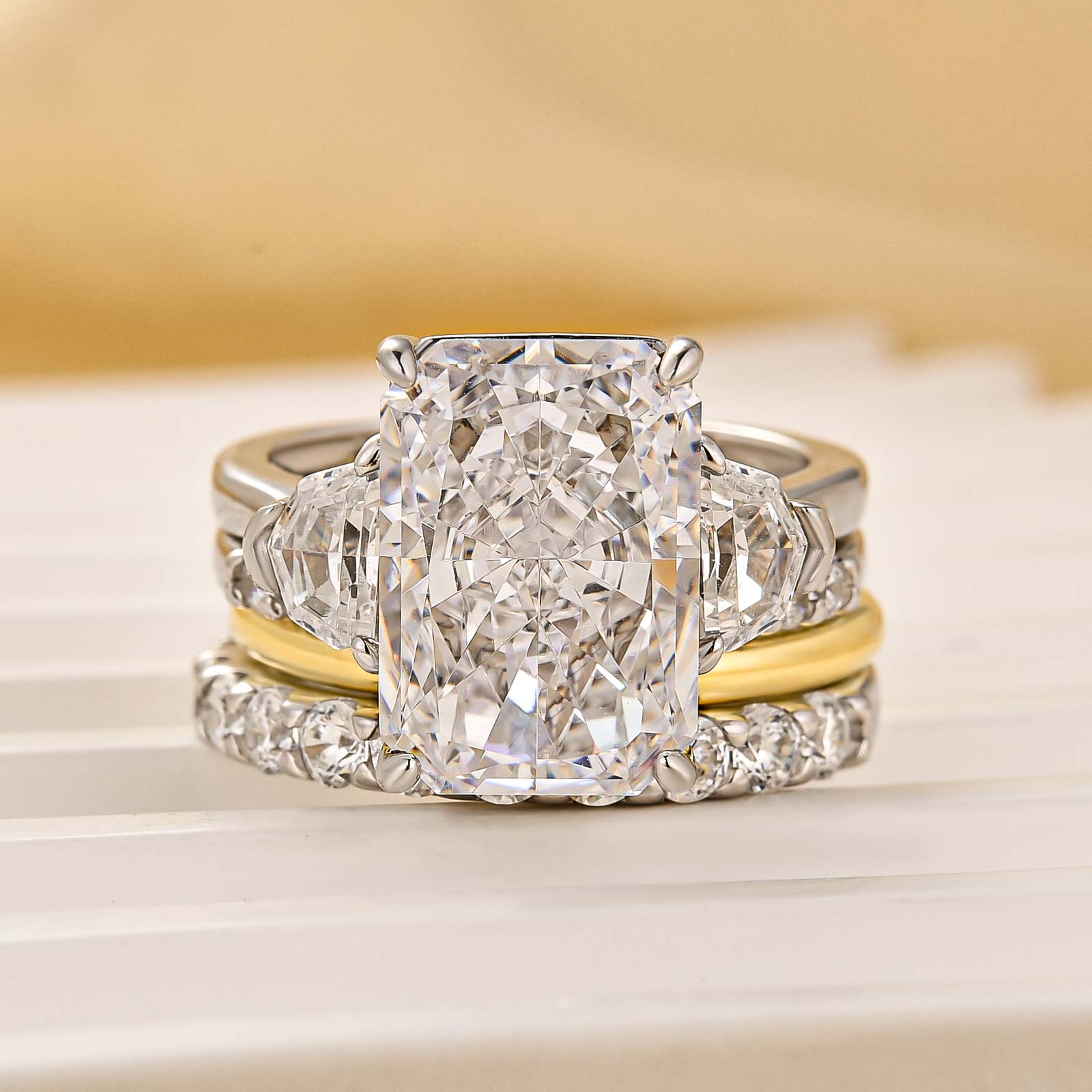 7.0Ct Radiant Cut Side Stone Enagement Ring with Open Pavé Wedding Bands