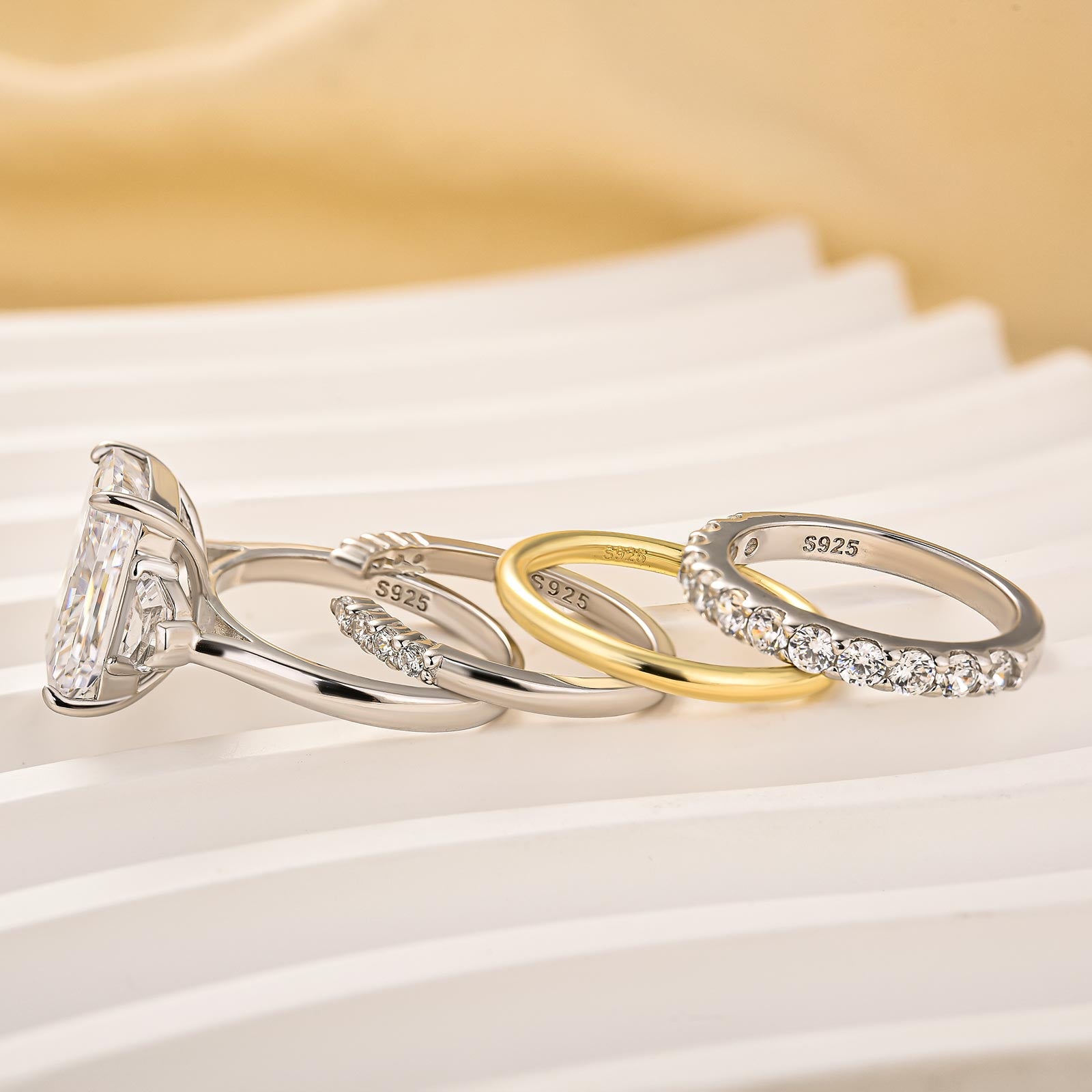 7.0Ct Radiant Cut Side Stone Enagement Ring with Open Pavé Wedding Bands