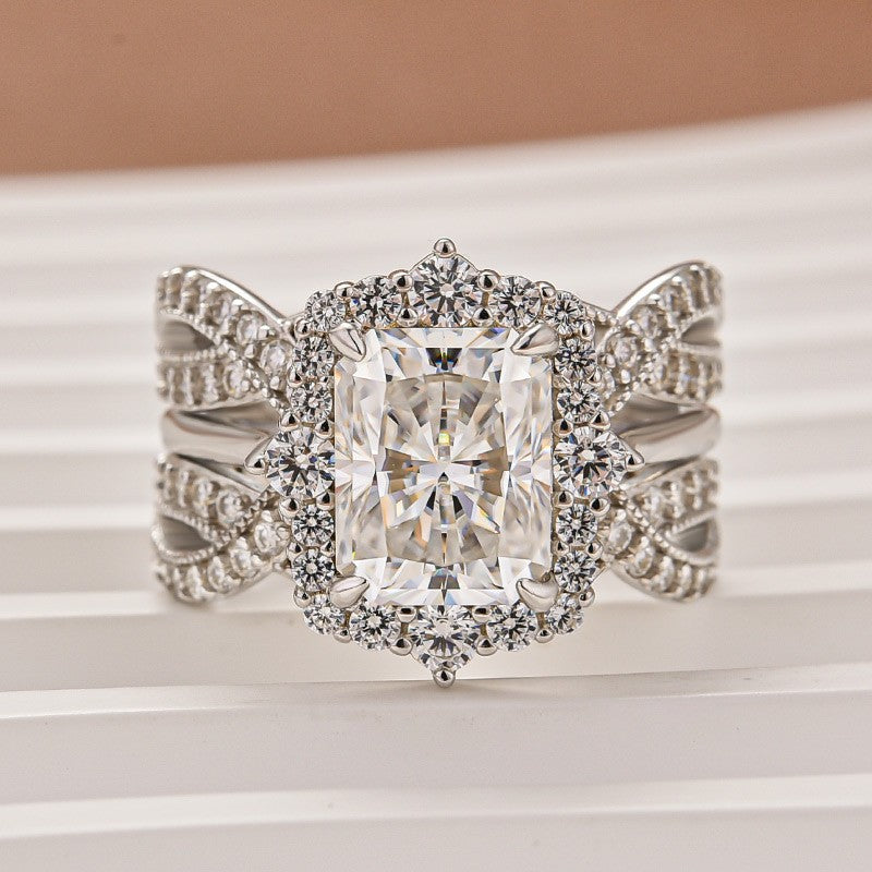 Moissanite 3.0Ct Radiant Cut White Gold Stack Wedding Ring with Enhancer Wedding Band