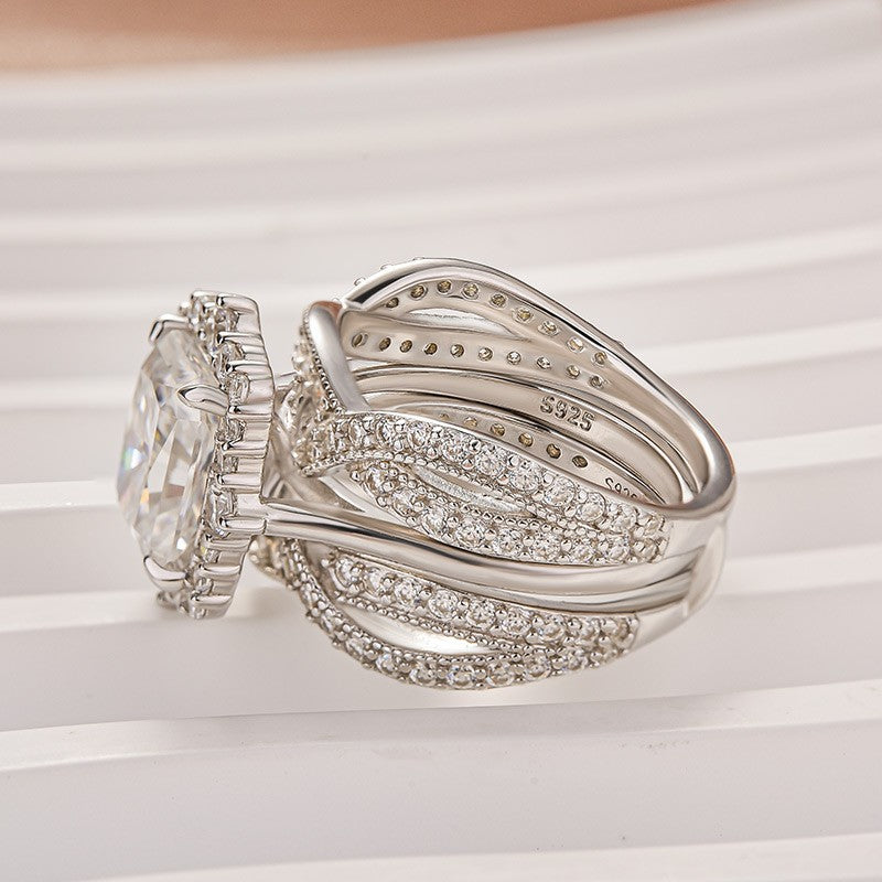 Louily Moissanite 3.0Ct White Gold Halo Radiant Cut Wedding Ring Set Stack Wedding Ring with Enhancer Wedding Band
