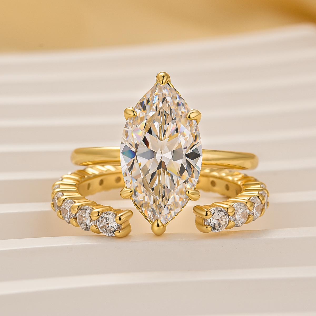 4.0 Carat Marquise Cut Engagement Ring With Classic Open Wedding Band