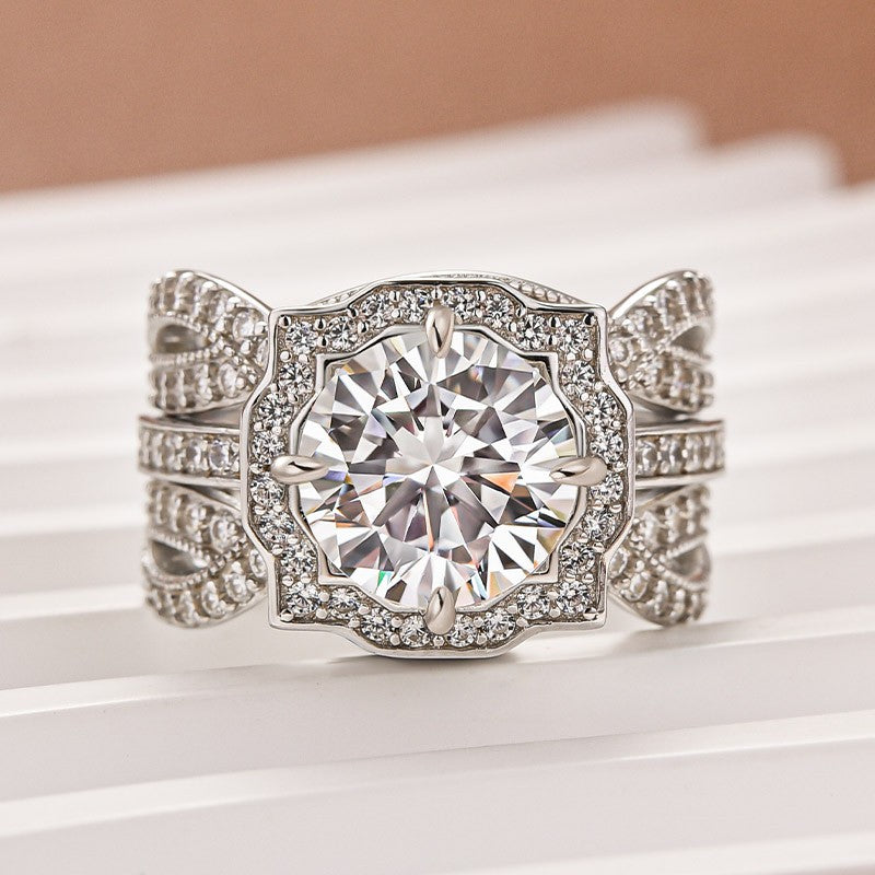 Moissanite 3.0Ct Halo Round Cut White Gold Stack Wedding Ring with Enhancer Wedding Band