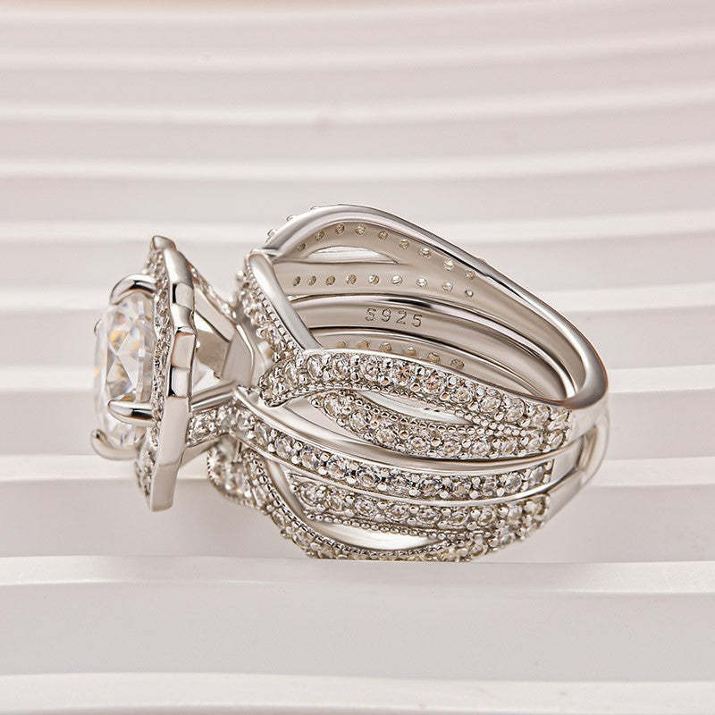 Moissanite 3.0Ct Halo Round Cut White Gold Stack Wedding Ring with Enhancer Wedding Band