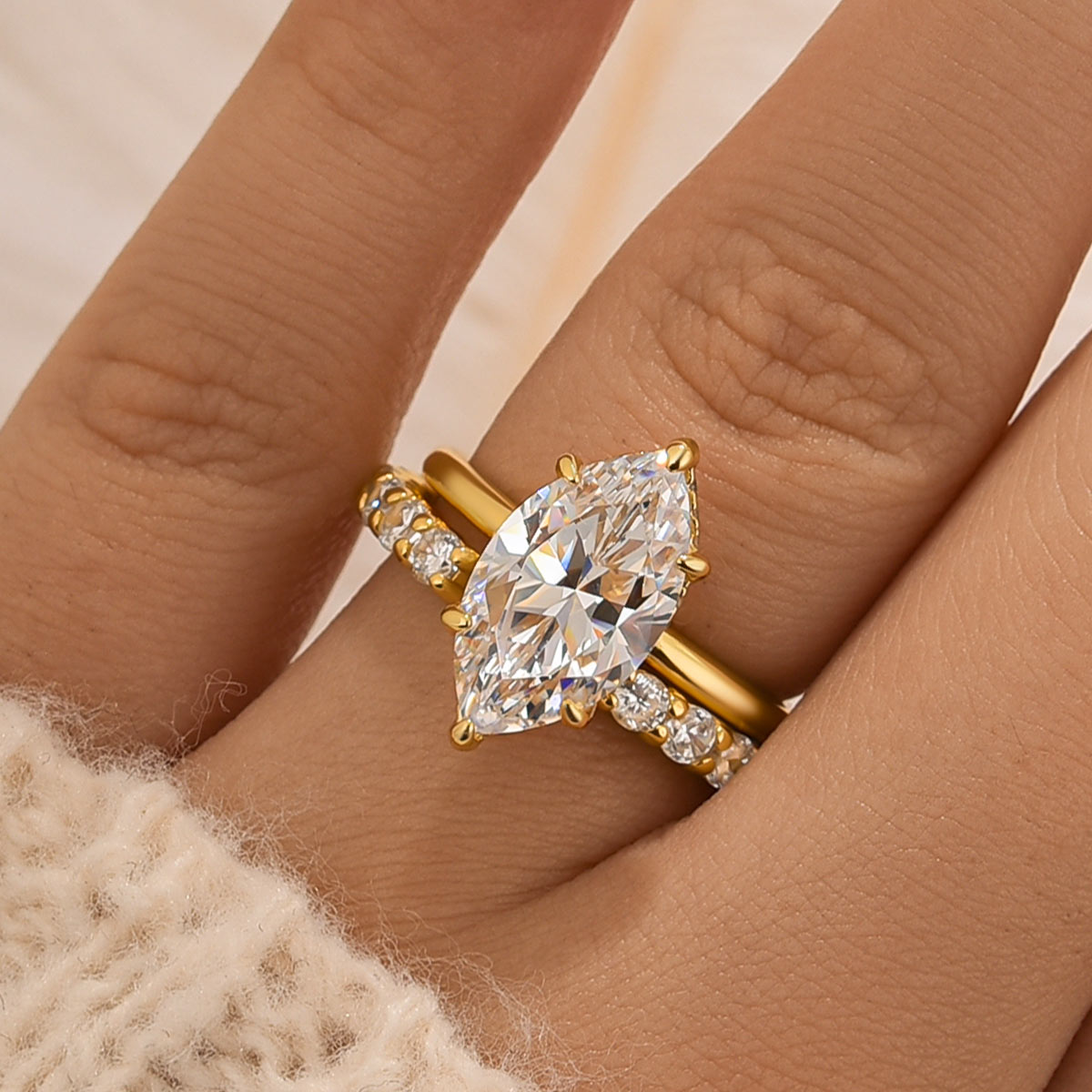 4.0 Carat Marquise Cut Engagement Ring With Classic Open Wedding Band