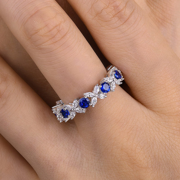 Louily Fashion Butterfly Design White & Blue Sapphire Wedding Band In Sterling Silver - louilyjewelry