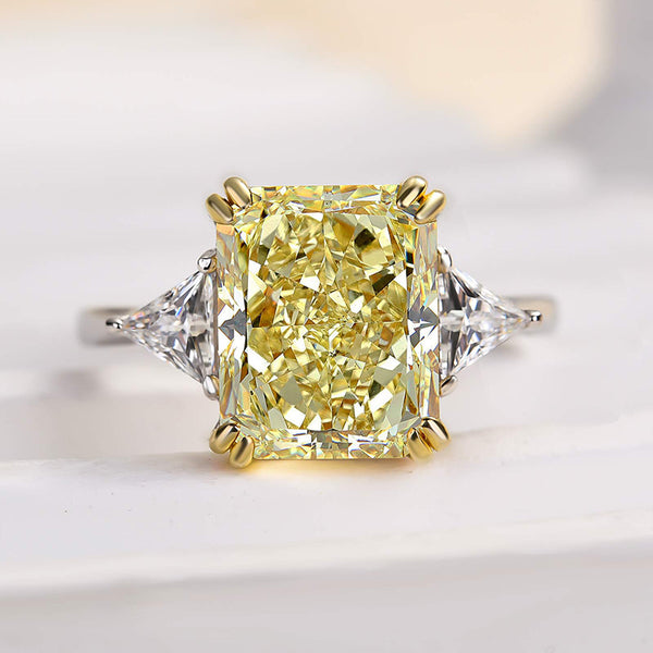 Louily Yellow Stone Radiant & Triangle Cut Three Stone Engagement Ring In Sterling Silver