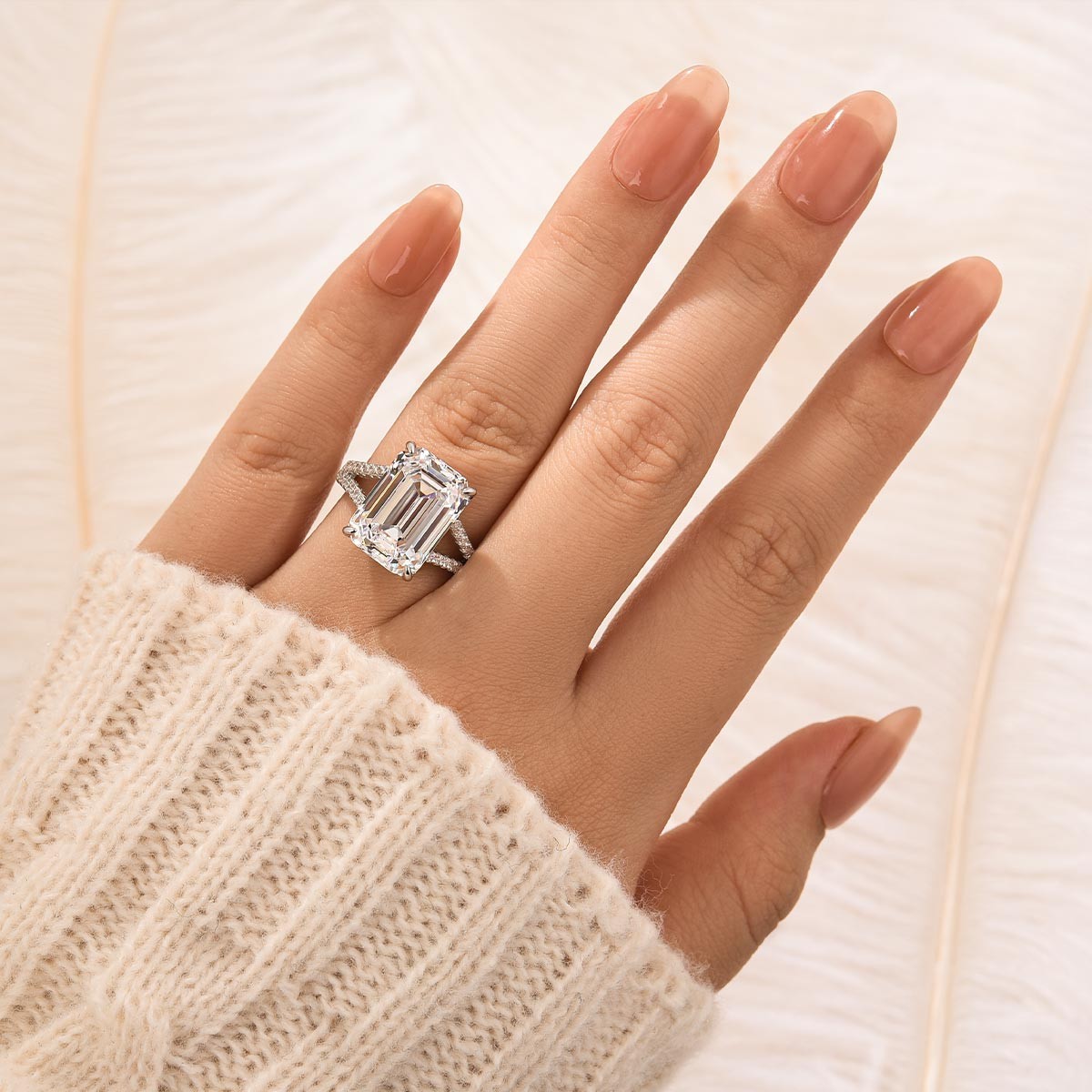 10.0Ct Emerald Cut Split Shank Engagement Ring In Sterling Silver