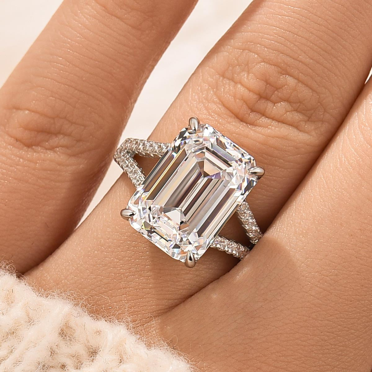 10.0Ct Emerald Cut Split Shank Engagement Ring In Sterling Silver