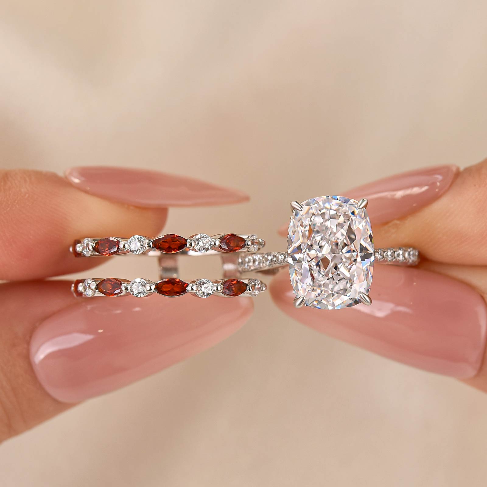 6.5Ct Cushion Cut Insert Wedding Ring Set With Unique White & Blue Stone Engagement Ring Enhancer