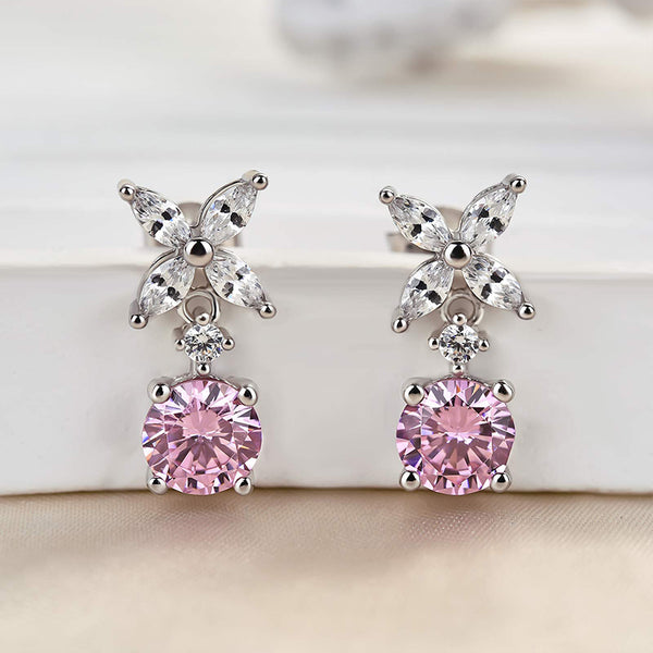 Louily Elegant Round Cut Pink Sapphire Stud Earrings In Sterling Silver