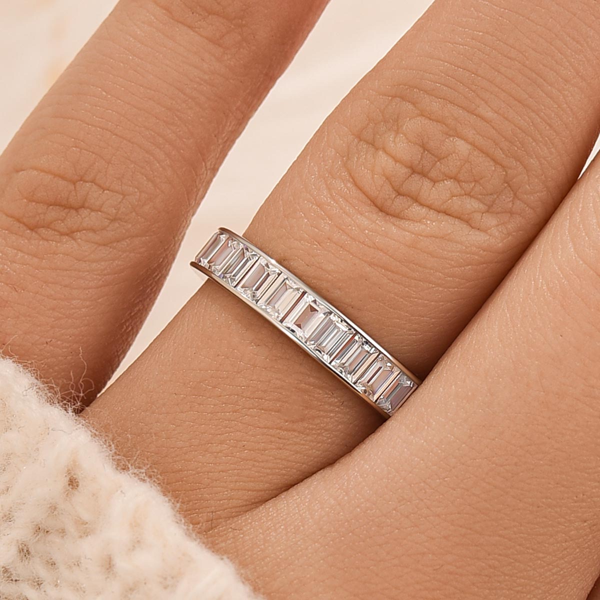 Luxury Surround Emerald Wedding Band In Sterling Silver