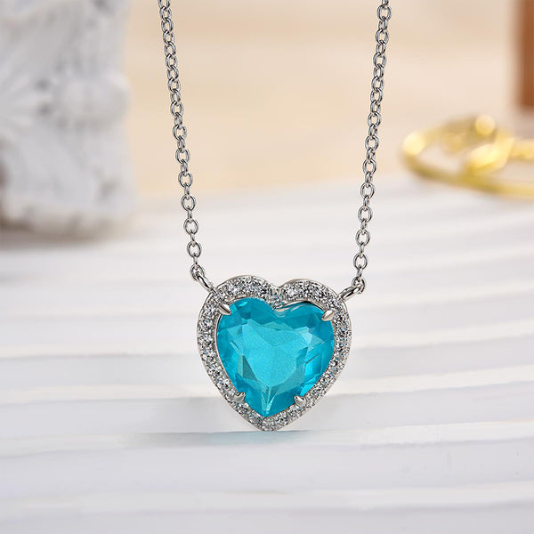 Louily Halo Heart Cut Aquamarine Blue Necklace For Women In Sterling Silver