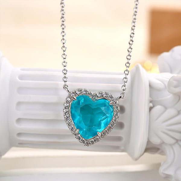 Louily Halo Heart Cut Aquamarine Blue Necklace For Women In Sterling Silver