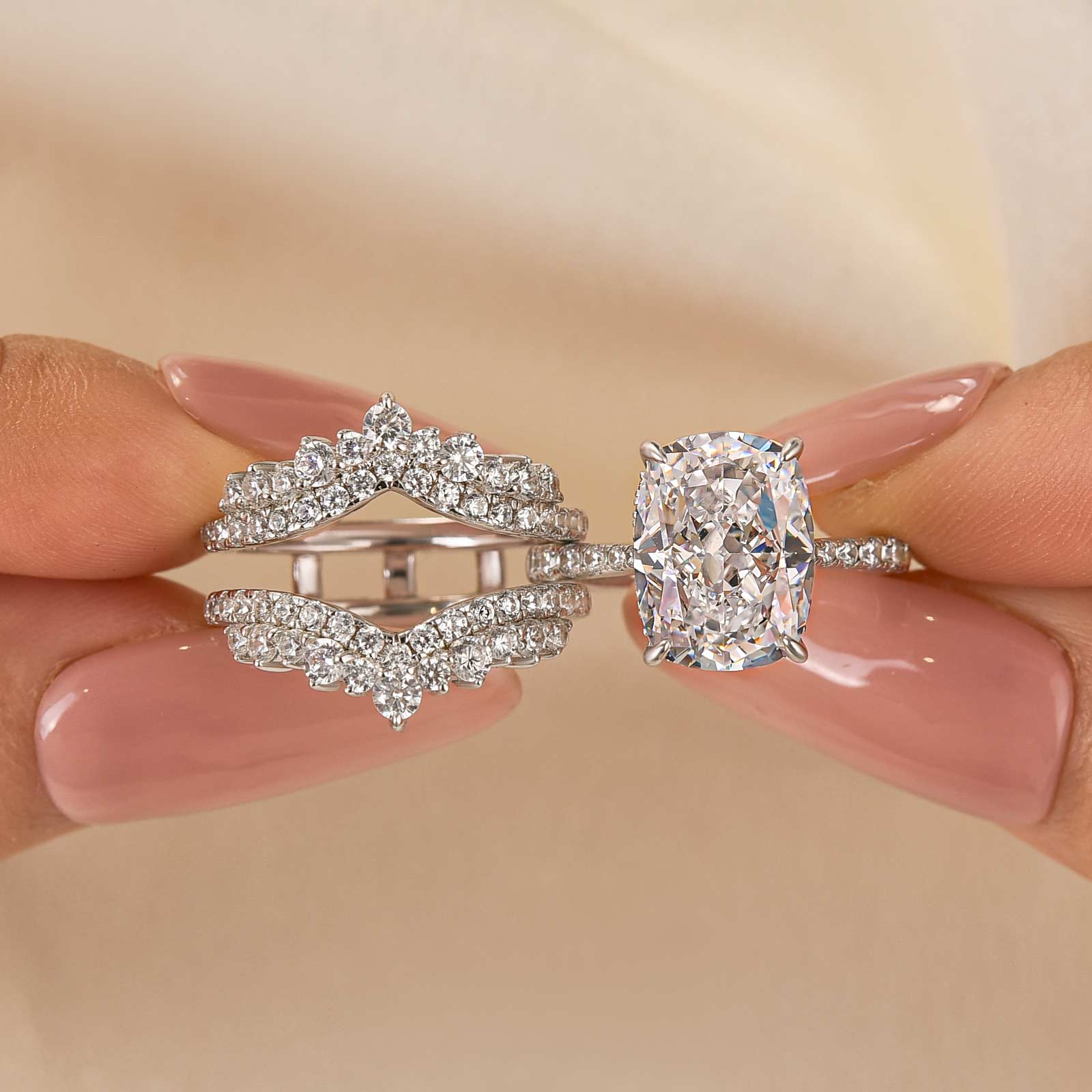 2PC Enhancer Wedding Set 5.5Ct Cushion Cut Hidden Halo Engagement Ring with Full Eternity Wedding Band