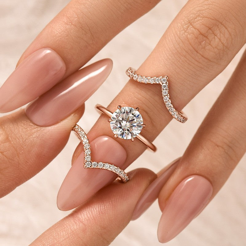3PC 2.0Ct Round Cut Wedding Ring Set With Two V-shaped Design Wedding Bands