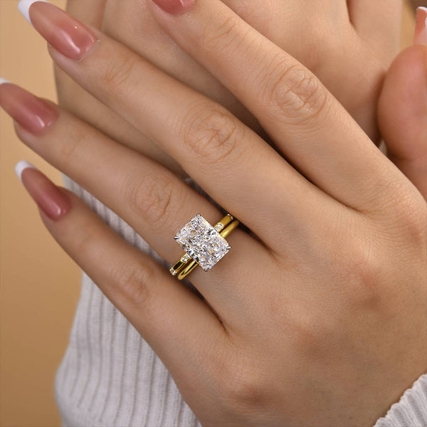 Louily Classic Yellow Gold Crushed Ice Radiant Cut Wedding Set