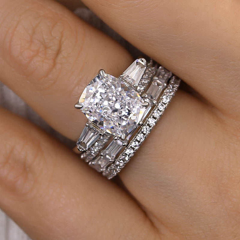 Louily Luxury Cushion Cut Three Stone 4PC Wedding Set - louilyjewelry