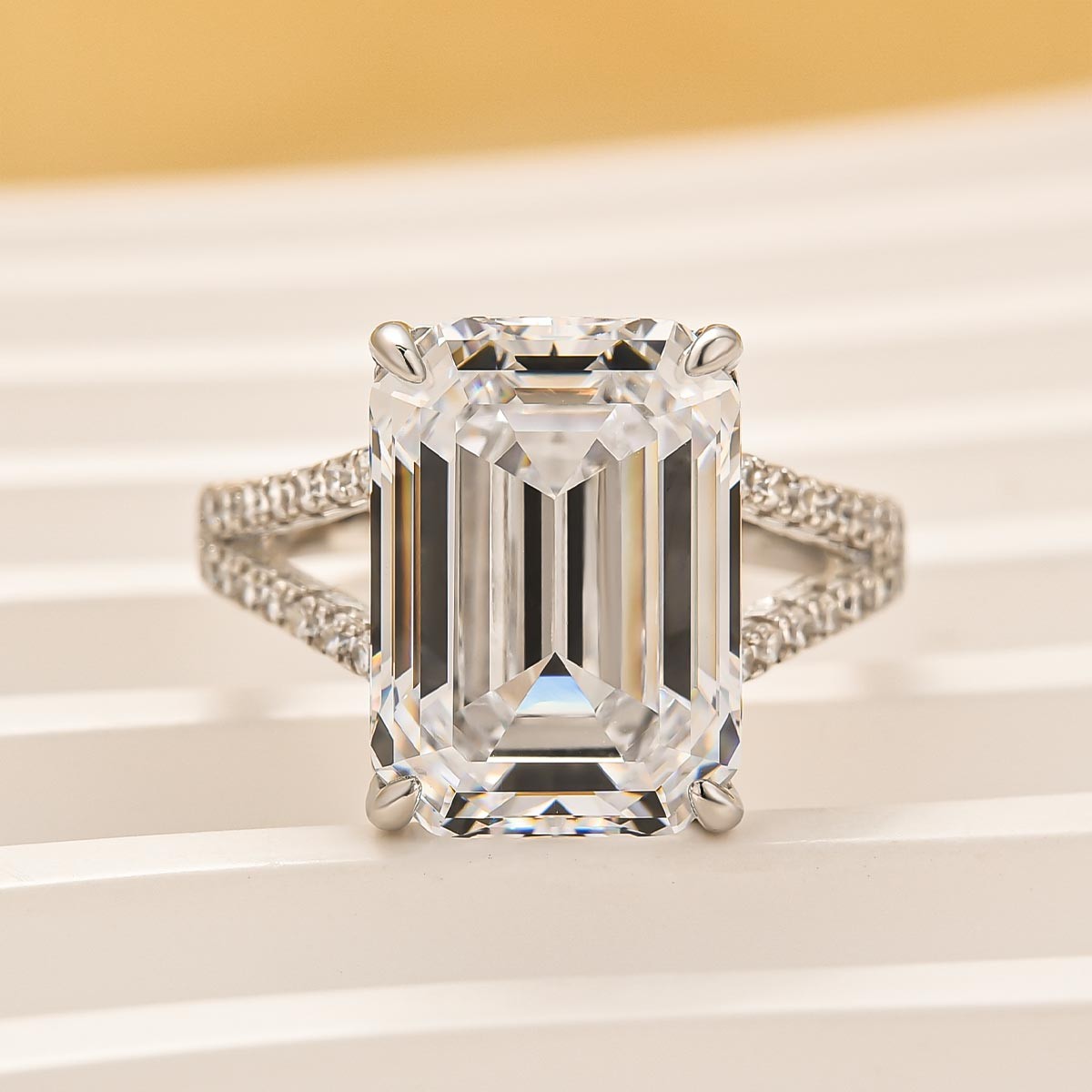 10.0Ct Emerald Cut Split Shank Engagement Ring In Sterling Silver